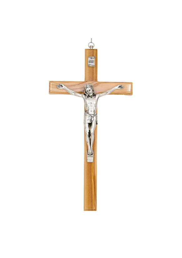 CRUCIFIX EN BOIS D'OLIVIER COULEUR ARGENTE HT 16