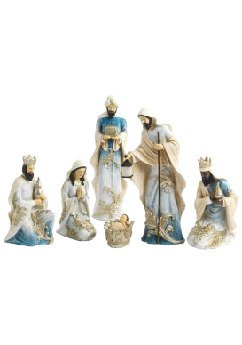 crèche 6 personnages bleu et argent