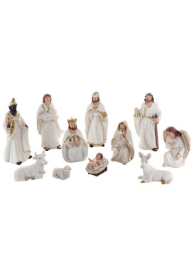 Crèche en resine de couleur blanche et doree avec 11 personnages
