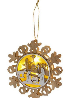 Nativité lumineuse en bois en forme de flocon neige à suspendre