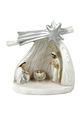 Nativité dans grotte imitation bois beige et argentée