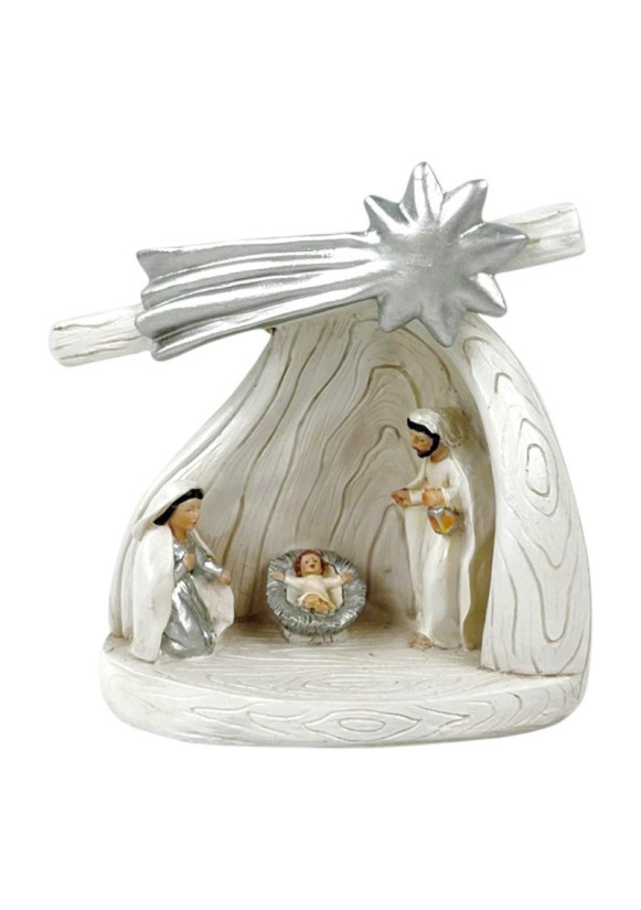 Nativité dans grotte imitation bois beige et argentée