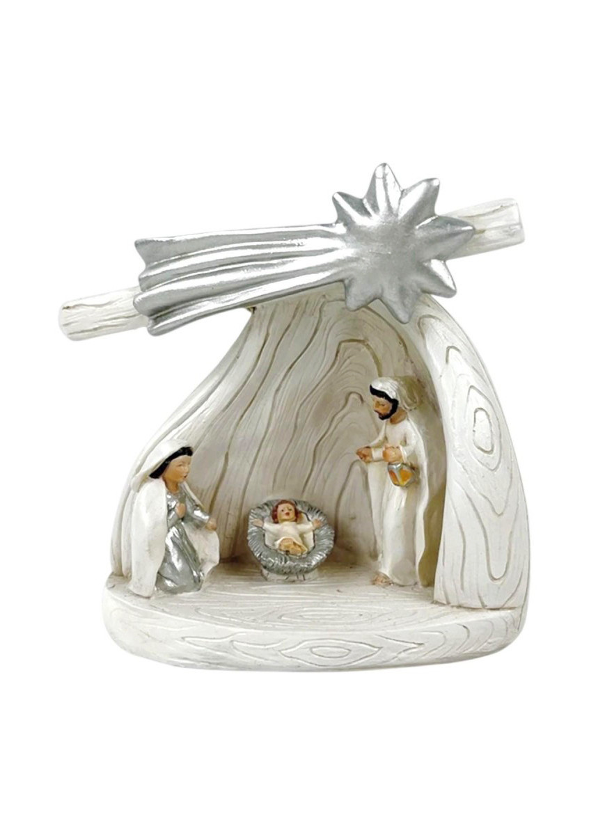 Nativité dans grotte imitation bois beige et argentée