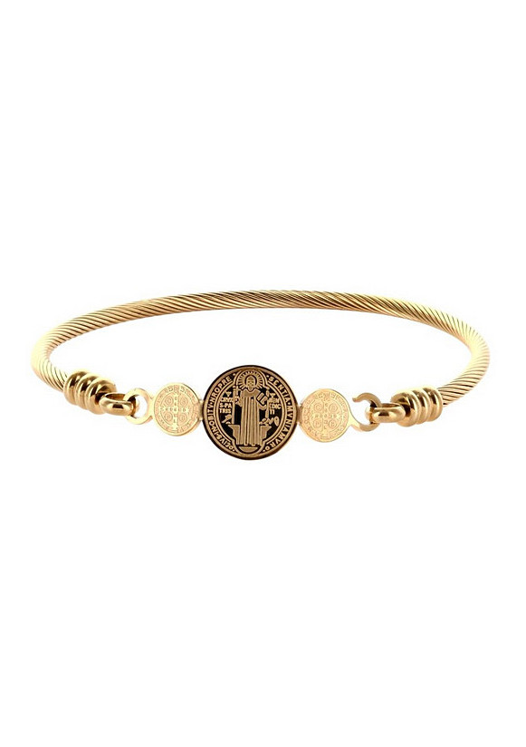 Bracelet rigide en acier inoxydable doré avec médaille de St Benoit