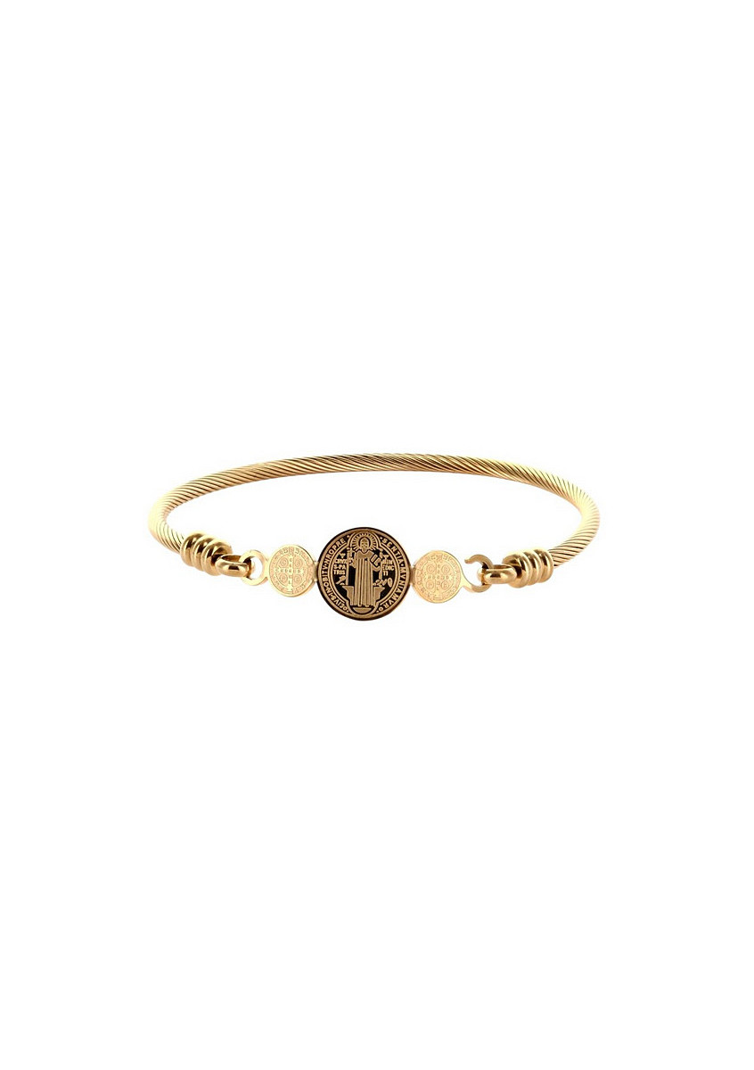 Bracelet rigide en acier inoxydable doré avec médaille de St Benoit